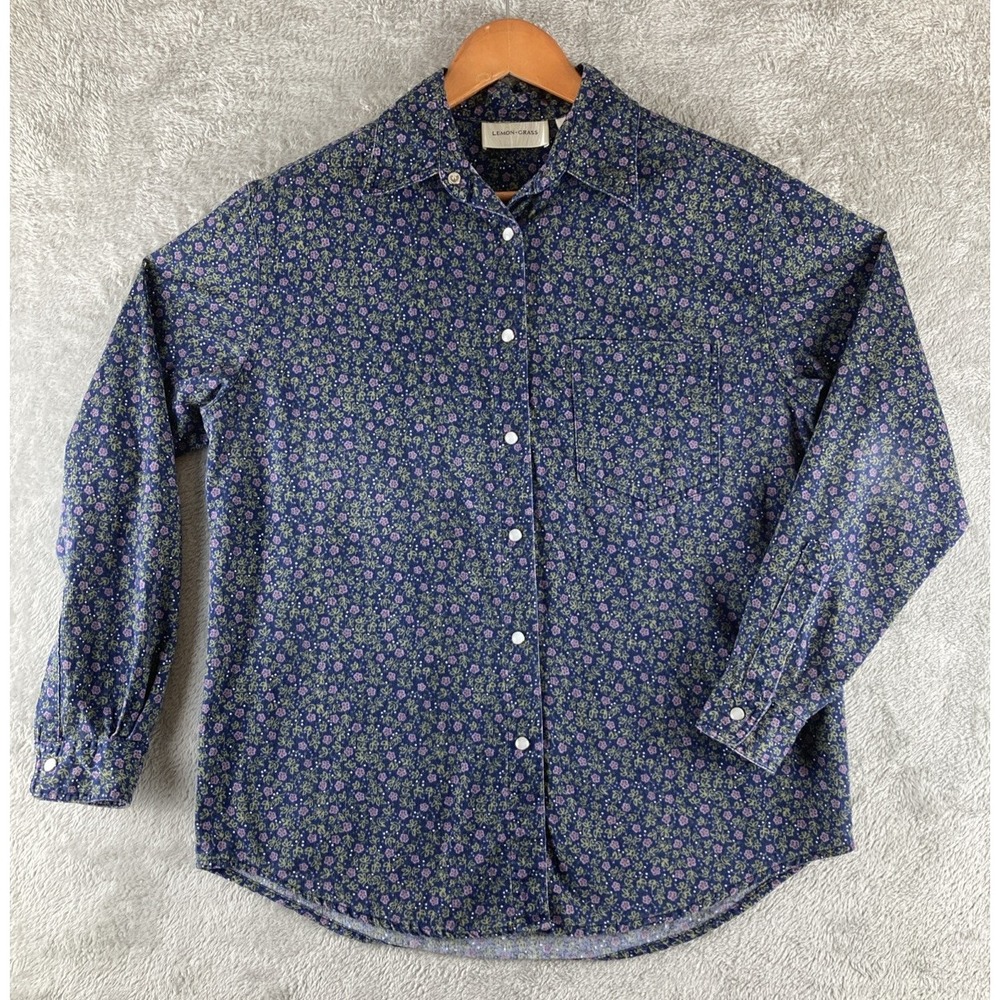 Vintage Lemon Grass Shirt Womens S Pearl Snap Blue‎ Floral Long Sleeve Cotton